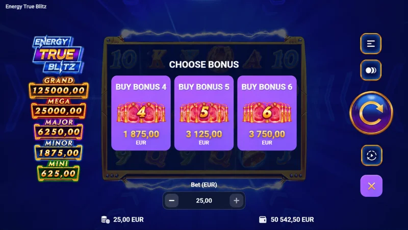 Energy True Blitz - bonus satın alma menüsü